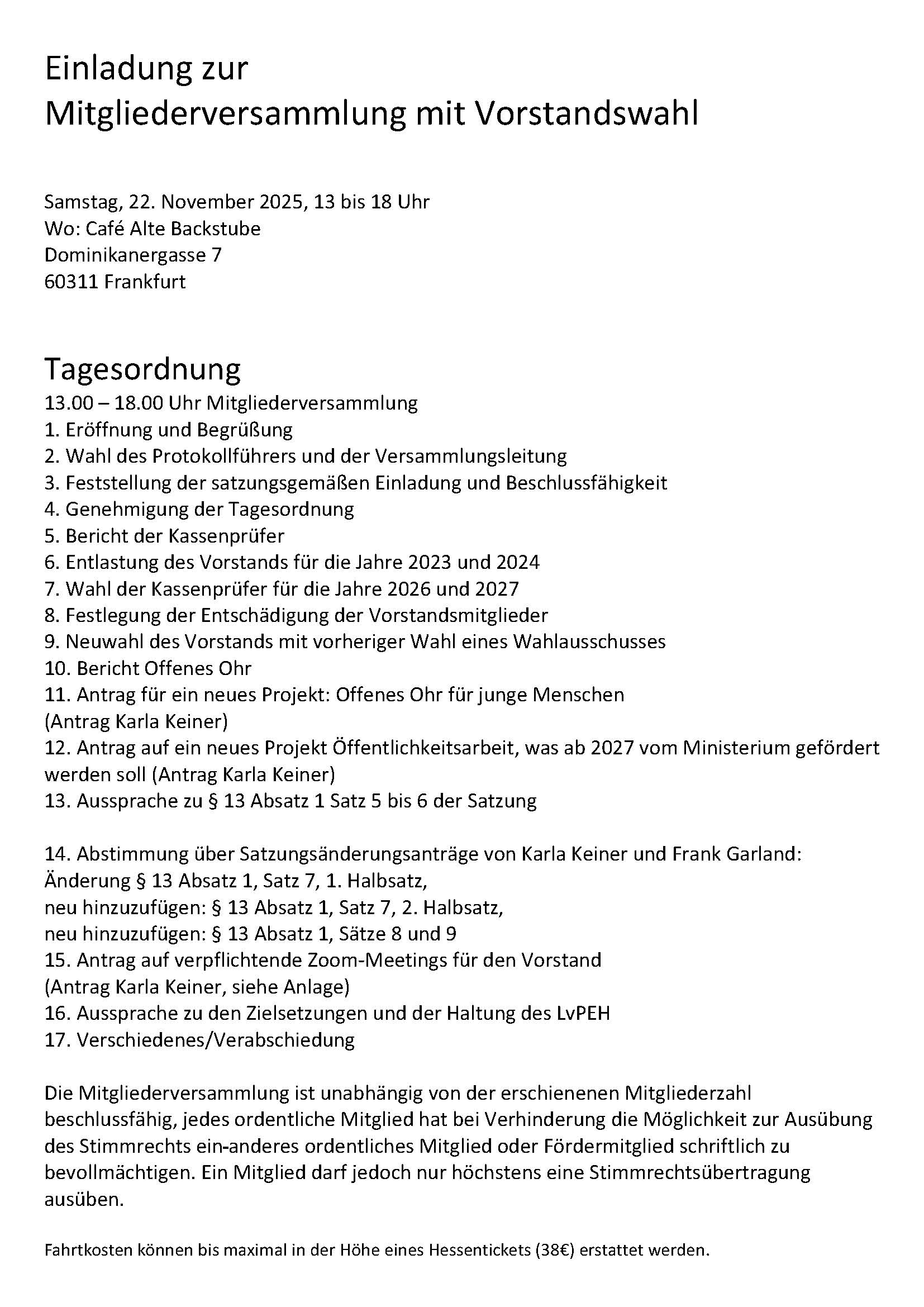Einladung zur Mitgliederversammlung 2025 mit Vorstandswahl am Samstag, 22. November 2025, 13 bis 18 Uhr